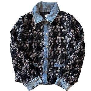 Ecru Black Mixed Media Tweed Houndstooth Denim Blazer Jacket Petite Small PS